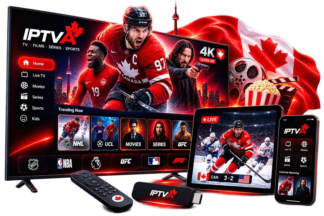IPTVinCA streaming interface showing live hockey, movies and series on TV, tablet and phone