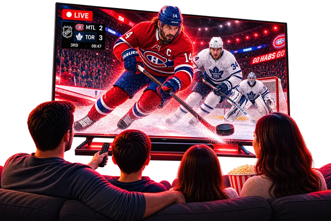 Canadian family watching a live hockey game with IPTV